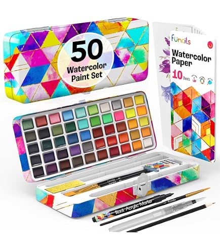 Nicpro Ensemble de peinture aquarelle 100 couleurs comprenant macaron métallique et fluorescent, 8 pinceaux synthétiques écureuil, 25 feuilles de papier aquarelle, palette, kit de fournitures Nicpro Ensemble de peinture aquarelle 100 couleurs comprenant macaron métallique et fluorescent, 8 pinceaux synthétiques écureuil, 25 feuilles de papier aquarelle, palette, kit de fournitures