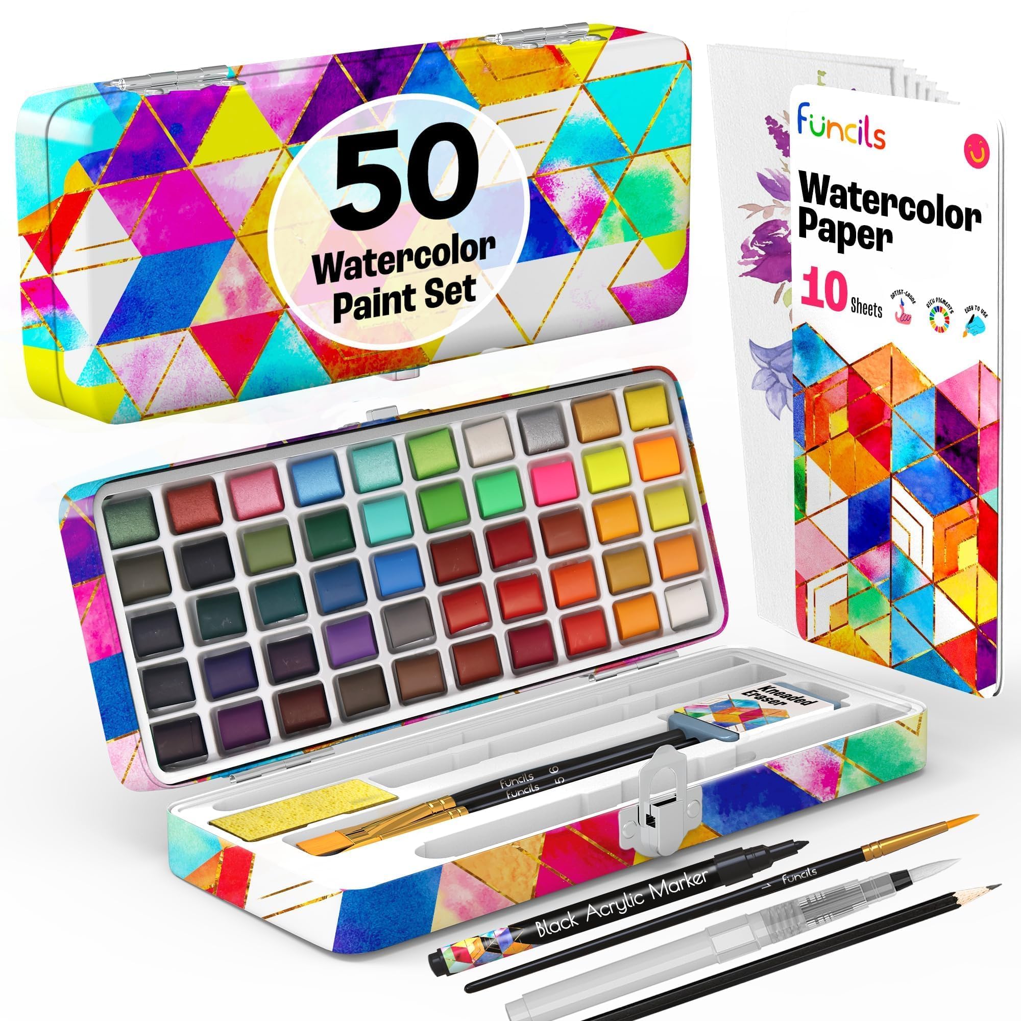 Funcils Watercolour Paint Set - Water Colour Paints Sets for Adults, Beginners | 50 Artist Quality Professional Watercolour Paints - Travel Watercolour Set, Painting Art Supplies, Kids Paint
