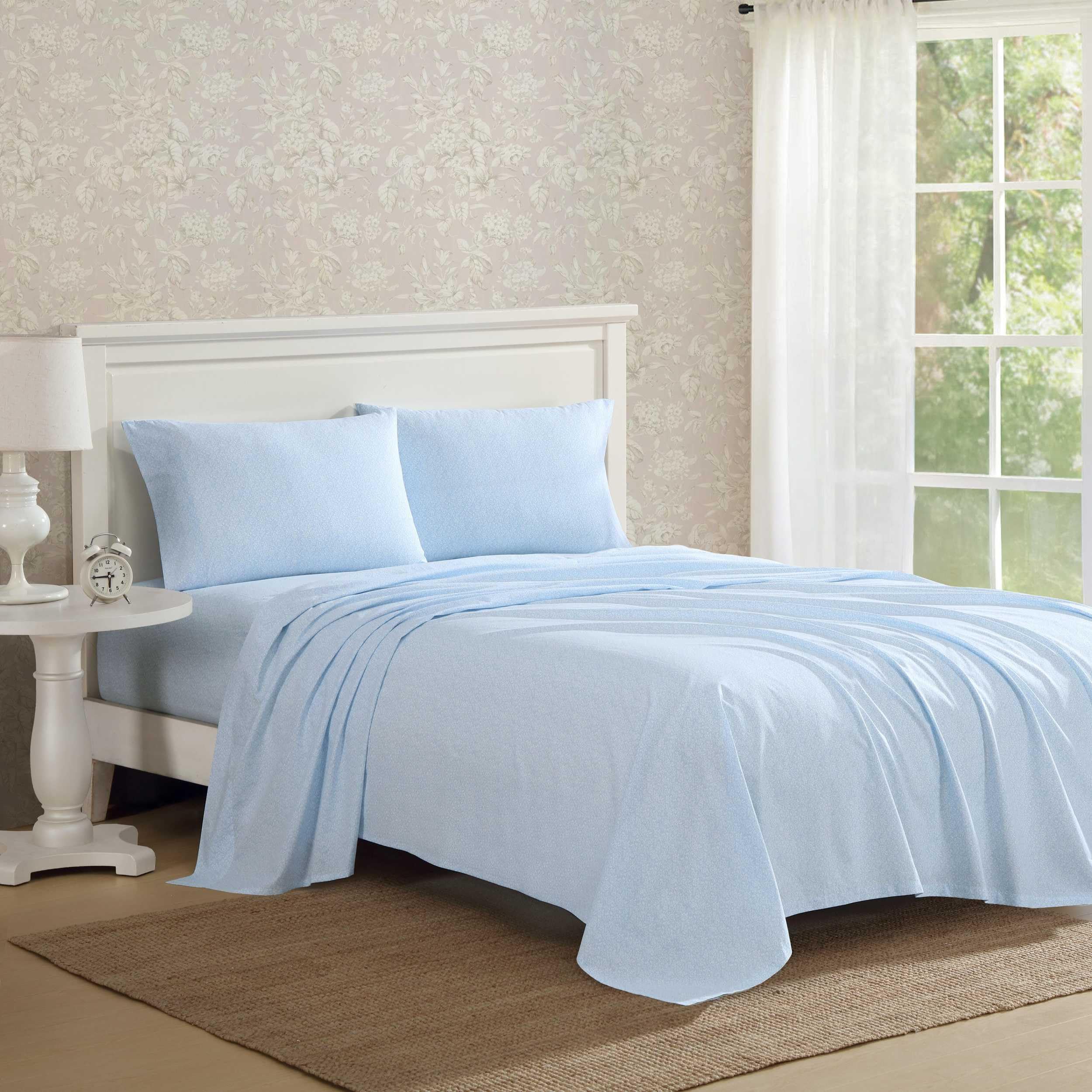 Laura Ashley - Twin XL Sheet Set, Crisp & Cool Cotton Percale Bedding with Deep Pockets, Lightweight for Year Round Comfort, Bed Sheets with Matching Pillowcases (Maeve Blue) Image