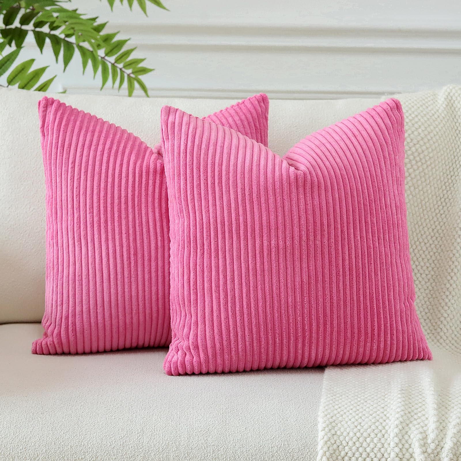 JOTOM Set of 2 Corduroy Soft Striped Cushion Covers 45x45 cm Boho Decorative Throw Pillow Covers Square Cushion Case Pillowcases for Couch Sofa Bedroom Chair Home Decor 18x18 Inch (Hot Pink) — image 1
