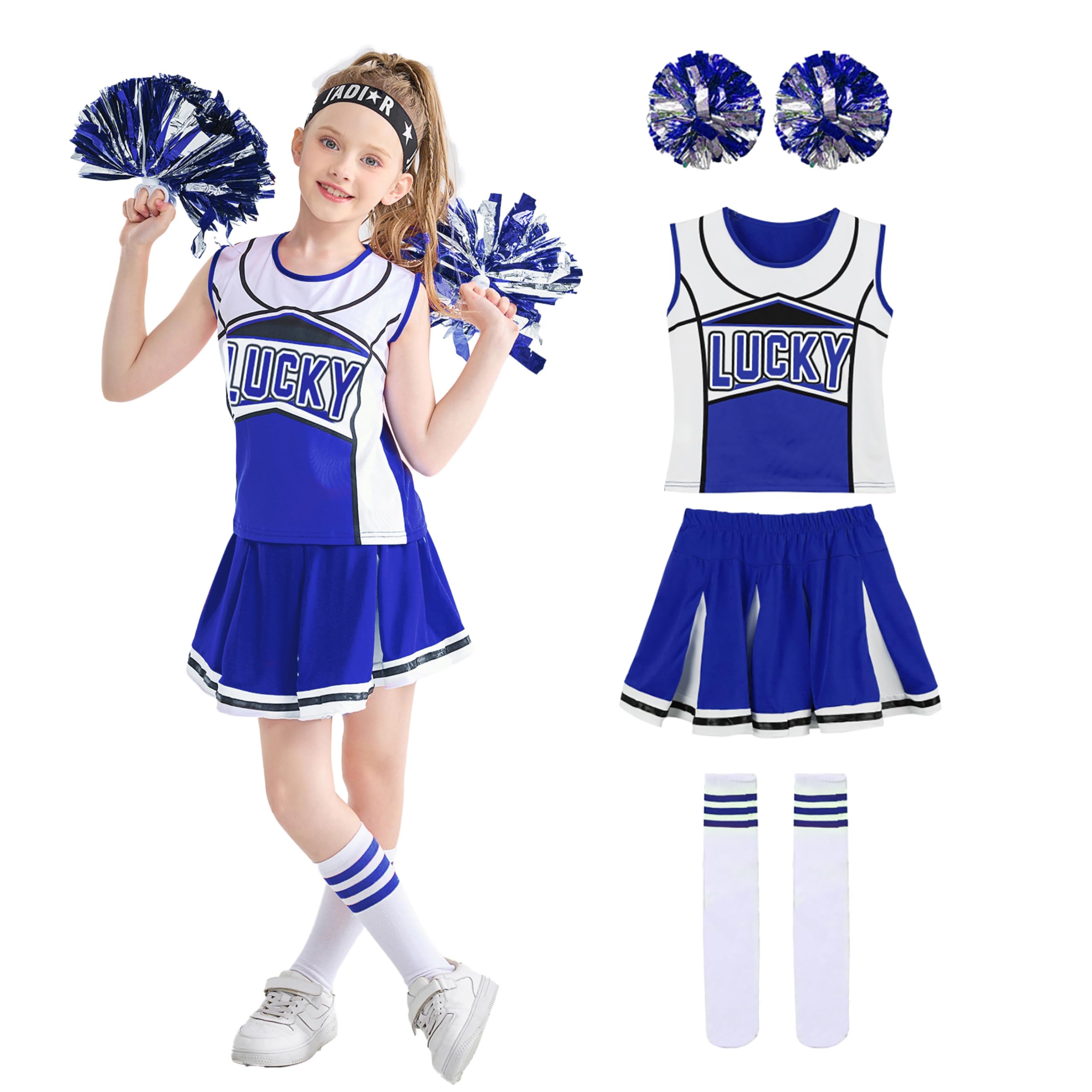 LOLANTA Girls Blue & Red Cheerleading Costume with Pompoms & Socks, Halloween Party Cheers Fancy Dress, Blue, 5-6 Years, 120