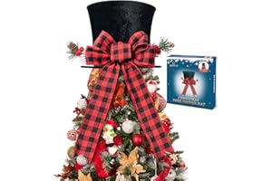 HMASYO Christmas Tree Topper, Large Black Tree Topper with Buffalo Plaid Bow Ribbon Ornament, Rustic Xmas Tree Topper Top Hat for Farmhouse Home Office Holiday Tree Decoration
