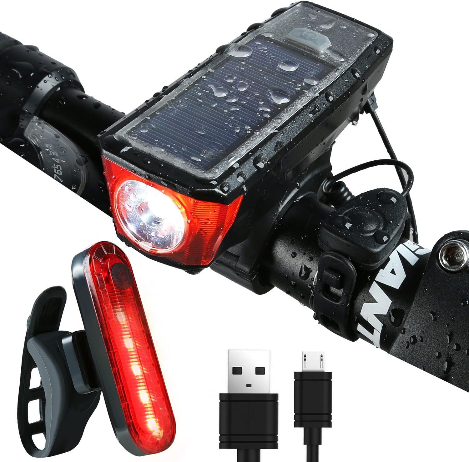 West Biking Solar Charger Bike Lights with Speakers, Glare Headlights Bicycle Super High Bright Flashlights Waterproof, Shockproof, Fast Recharge Long Running Time and Free 4 Modes Tail Light