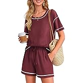 Ekouaer Women's Waffle Knit Two Piece Lounge Set, Soft Matching Outfits for Daily Wear, Casual Shorts Set with Pocket