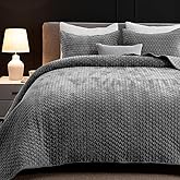 Powdion Velvet Quilt King Size, Oversized Bedspread Quilted Bedding Set, Luxurious Soft Coverlet Set Lightweight Velvet Comforter for All Season with 2 Pillow Shams, 96x106 Striped Quilt Set Gray