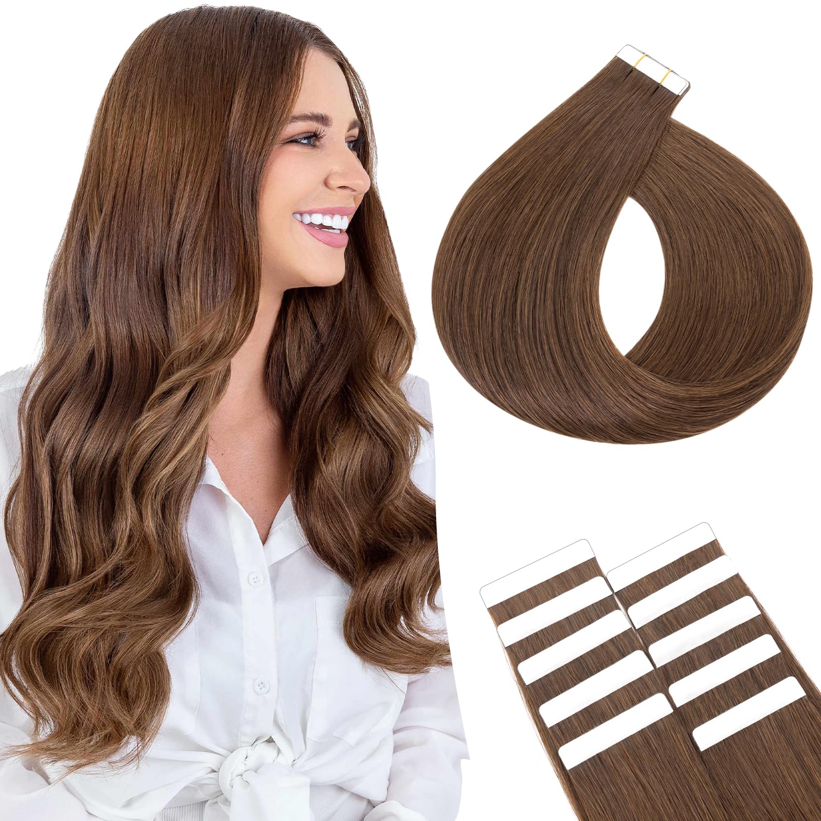 SEGOHAIR 10Pcs Human Hair Tape in Extensions, 16" Thin Tape Hair Extensions, Human Hair Extensions with 5 pcs Replacement Tape Dark Chocolate Brown(15g) — image 1
