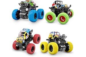 M SANMERSEN Monster Truck Toys for Ages 2-4, Friction Cars for Toddlers 1-3 Push and Go 360° Rotating Stunt Car for 2+ Year Old Boys Girls Gifts (4 Pack - Blue/Green/Red/Yellow)