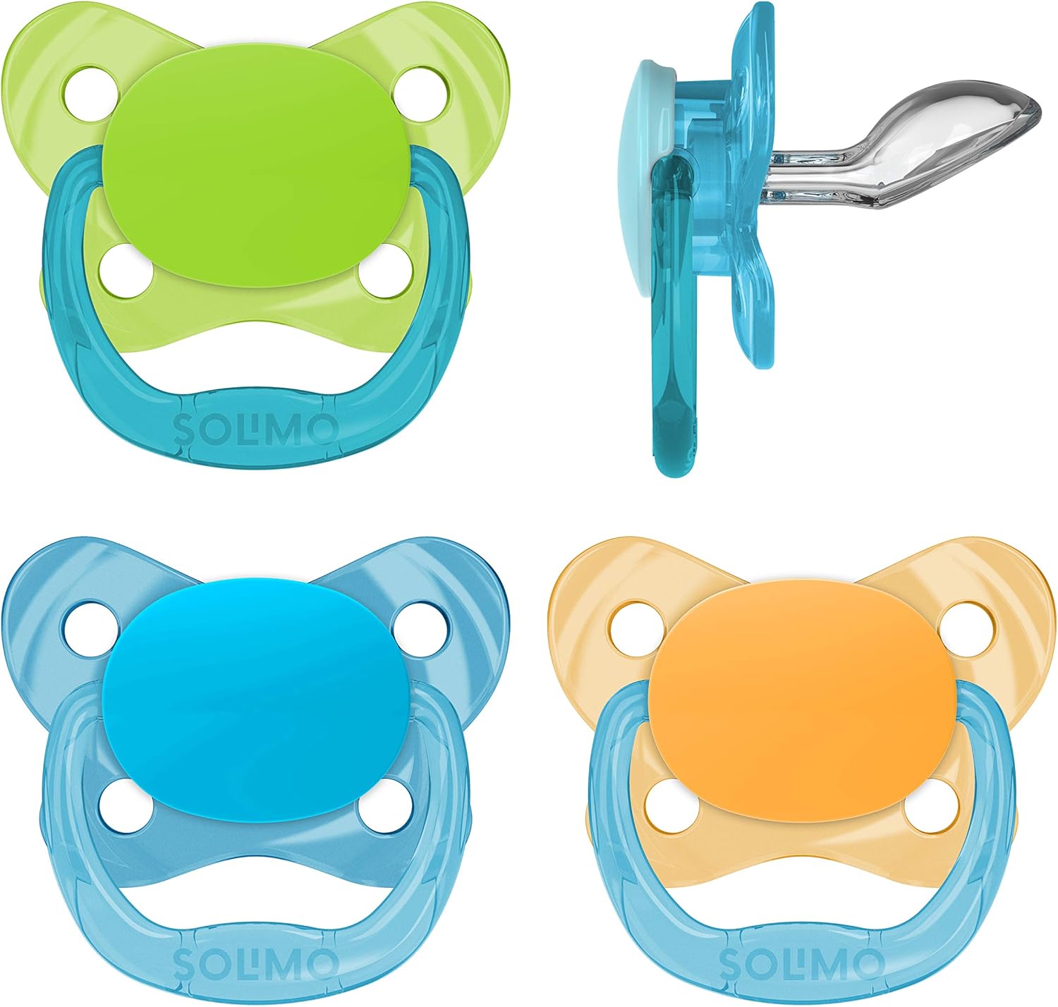 Amazon Brand - Solimo Orthodontic Baby Pacifier, Stage 2 (6-12M), BPA Free, Assorted Colors (Pack of 4)
