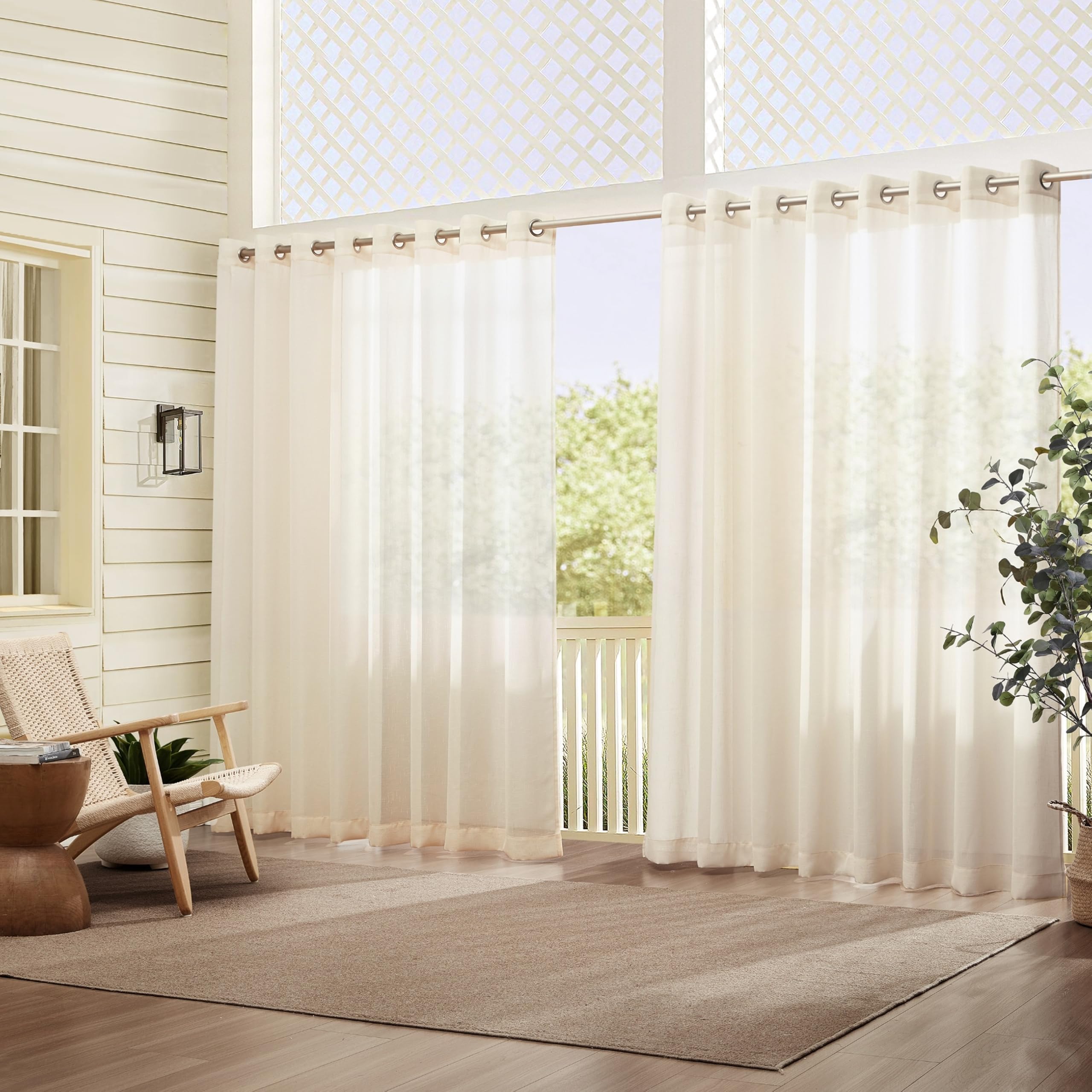 Elrene Home Fashions Carmen Sheer Extra-Wide Weatherproof Indoor/Outdoor Grommet Top Curtain Panel with Coordinating Tieback for Porch, Pergola, Patio, Deck, 114”W x 84”L, Ivory