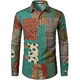 PARKLEES Men's Cotton Linen-Like 70s Disco Retro Traditional Pattern Printed Long Sleeve Button Down Shirt