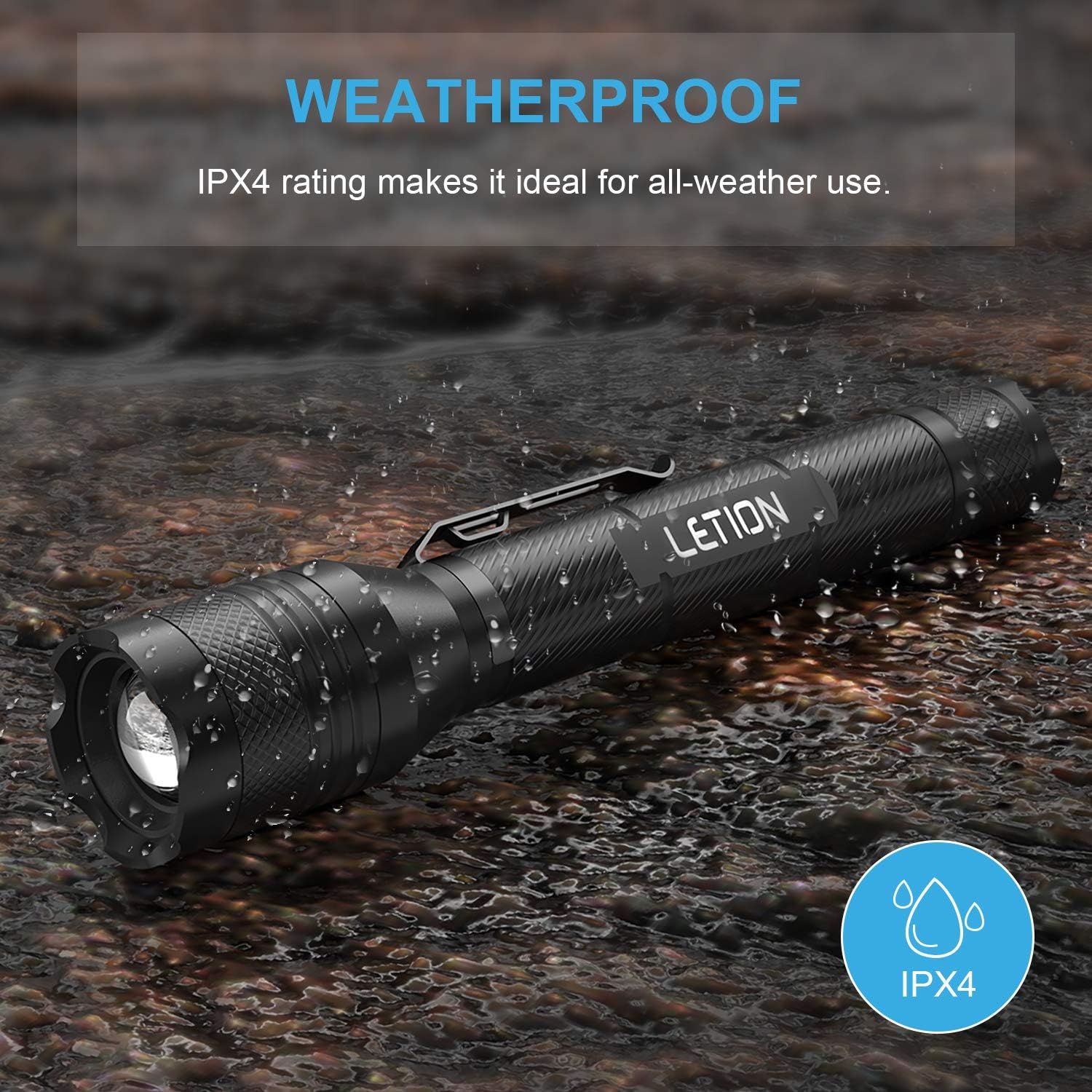 LETION Rechargeable LED Flashlight [2 Pack], Camping Flashlight High Lumens 1500 IPX4 Waterproof 5 Light Modes for Camping Fishing Bicyle, 18650 Batteries(4 pcs) and Charger Included - - 