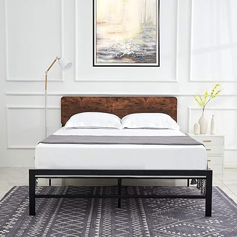 Amazon Com Amerlife Full Platform Bed Frame With Headboard Heavy Duty Metal Frame Extra Metal Slats Support Rustic Wood Country Style Mattress Foundation Easy Assembly Noise Free Kitchen Dining