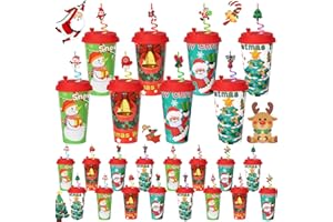 AFZMON 24 Sets Christmas Party Favors Goodie Cups with Lids and Silly Straws Bulk, Christmas Party Decorations 16OZ Plastic Cups for Kids Party Favors Bags Stuffers Gifts