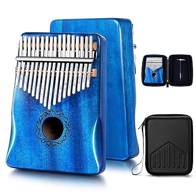 MIFOGE Kalimba Tum piano 17 nycklar med mahogny trä, mbira, fingerpiano inbyggt vattentät skyddsbox, lätt att lära sig bärbar musikinstrument, gåva för barn vuxen ( Ljusblå )