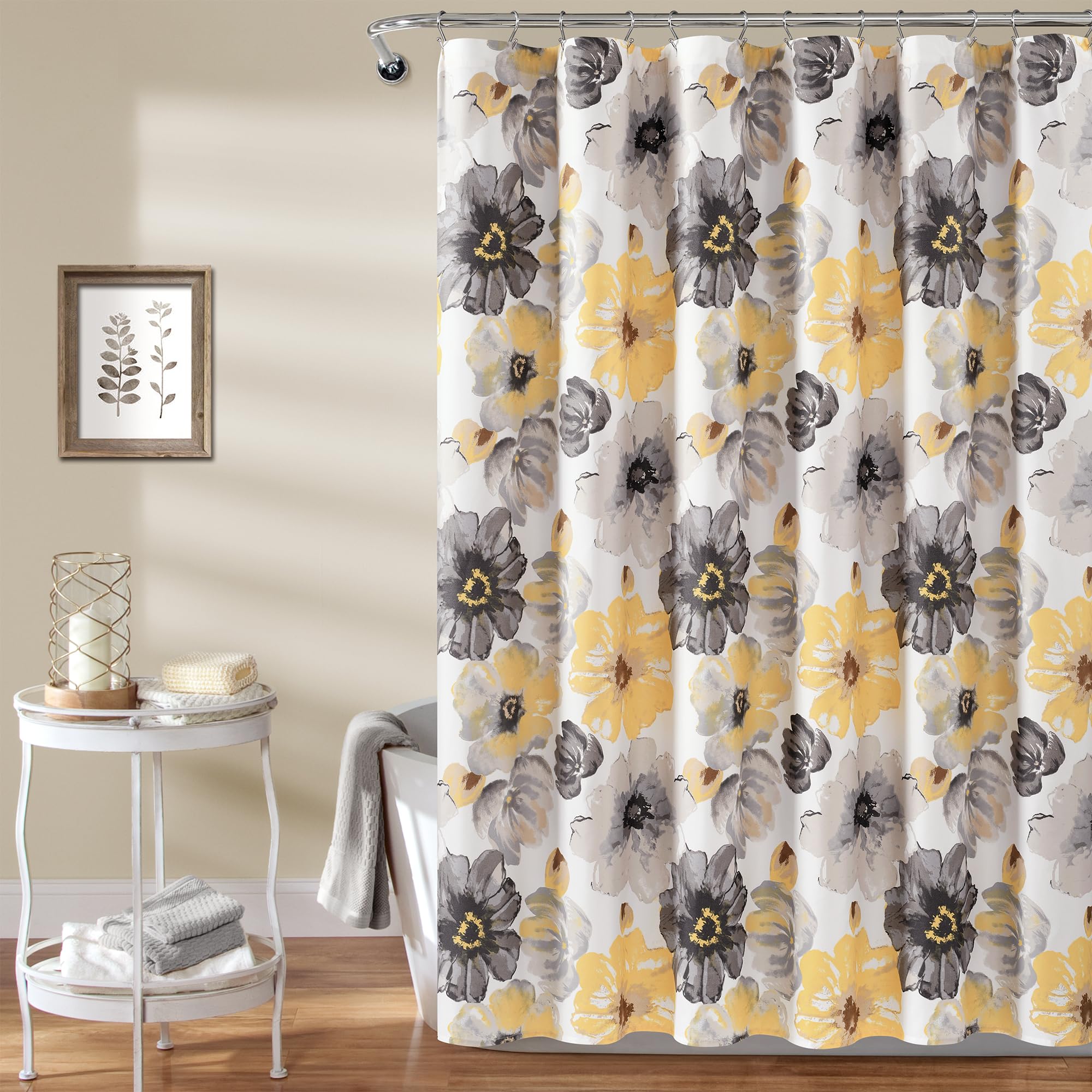 Lush Decor Leah Floral Shower Curtain, 72" W x 84" L, Yellow & Gray - Pretty Yellow Shower Curtain - Colorful Blooming Flowers - Extra Long Shower Curtain - Country Cottage & Farmhouse Bathroom Decor