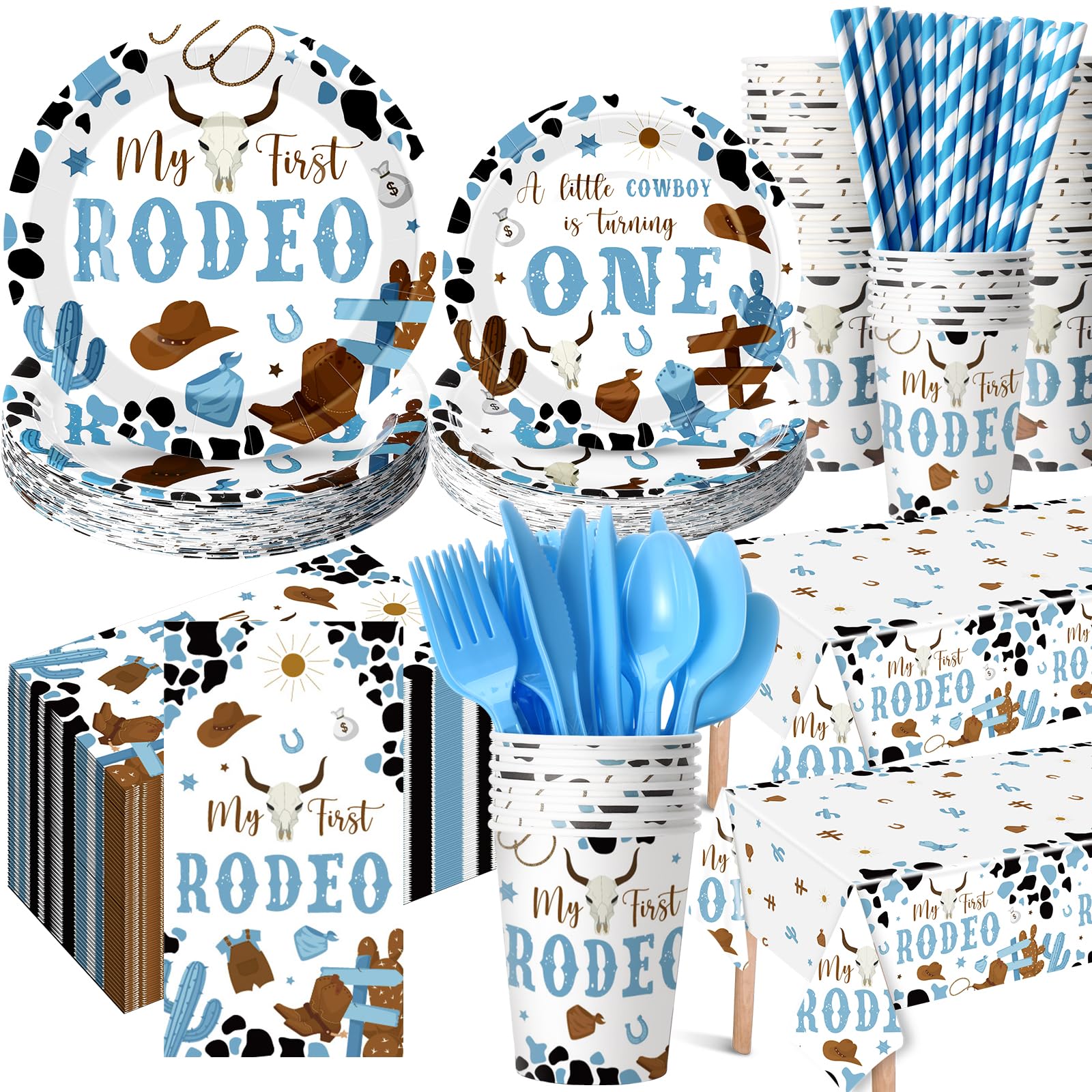 Photo 1 of Potchen 452 Pcs First Rodeo Decorations Boy, Blue Western Cowboy Paper Plates Napkins Cups Tablecloth Cutlery Straws for My 1st Rodeo Birthday Party Baby Shower Decorations Supplies for 50 Guests