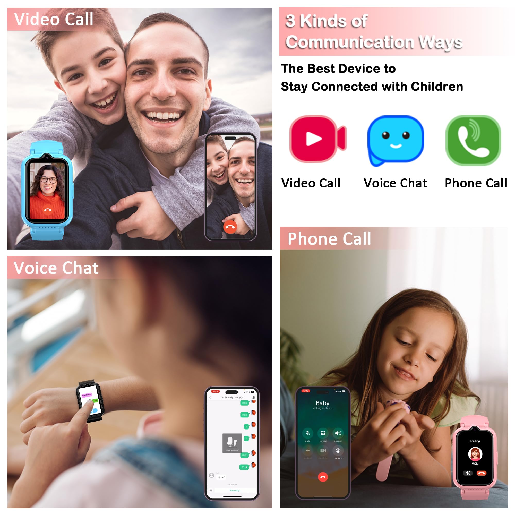 4G Kids Smart Watches for Girls with GPS Tracker, Phone Calling & Voice Chat, WiFi Touch Screen Kids Watches Ages 5-12, SOS Call, Camera, Alarm Clock, Pedometer Birthday Gifts