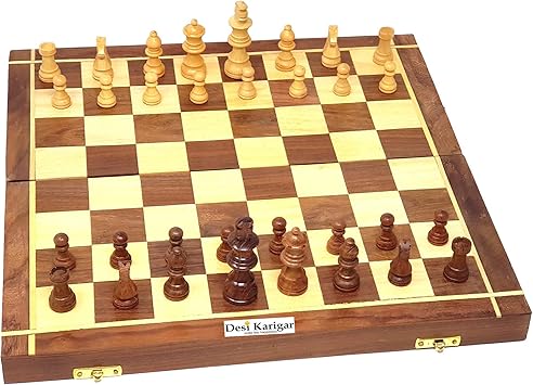 Desi Karigar Wooden Handmade Standard Classic Chess Board Game Small Chess Pieces Foldable Size 14 Inches (Non-Magnetic)