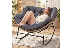 RADIATA Outdoor Papasan Rocking Chair with Cushion, Oversized Patio Lounge Rocker, All Weather PE Wicker Comfy Egg Rocking Chairs, 450 lbs Heavy Duty Recliner Glider for Balcony, Porch, Garden, Grey