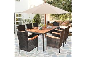 Tangkula 9 Piece Outdoor Dining Set, Patio Wicker Furniture Set with Acacia Wood Table Top w/Umbrella Hole, Rattan Dining Table Chairs Conversation Set Perfect for Outdoor and Indoor