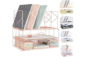 Becomrock Desk Organizers and Accessories, Office Supplies Desktop/ File Organizer with Sliding Drawer, Dual Tray and 5 Upright Section, Folder Holder for Desk (Rose Gold)