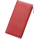 GOIACII Slim Wallet for Women Rfid Blocking Credit Card Holder with Zip Pocket Bifold Vegan Pebble Leather Red