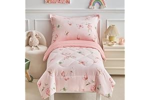 DuShow Pink Butterfly Toddler Bedding Set for Girls,4 Pieces Toddler Bed Set,Seersucker Toddler Comforter Set,Includes Comforter,Flat Sheet,Fitted Sheet and Pillowcase
