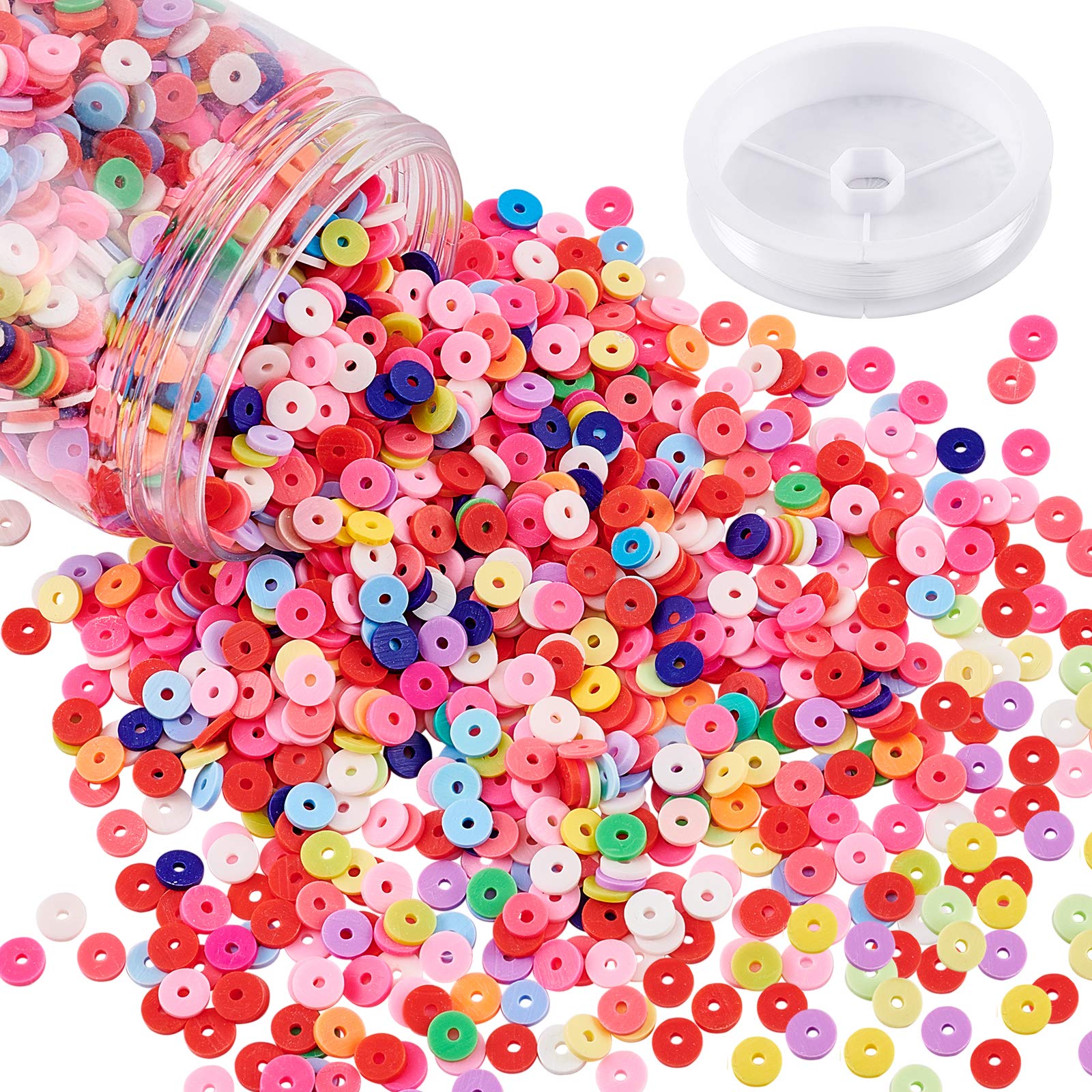 NBEADS About 200g Handmade Polymer Clay Beads, Flat Round Clay Beads Heishi Beads with Clear Elastic Crystal Thread for Bracelet Necklace DIY Jewelry Making