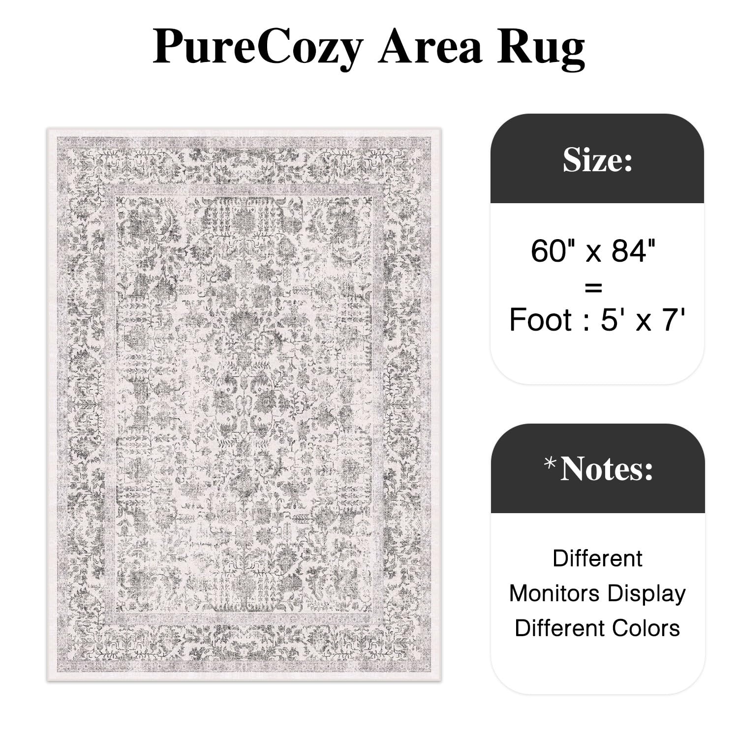 PureCozy Black Area Rug 5x7 Indoor Vintage Living