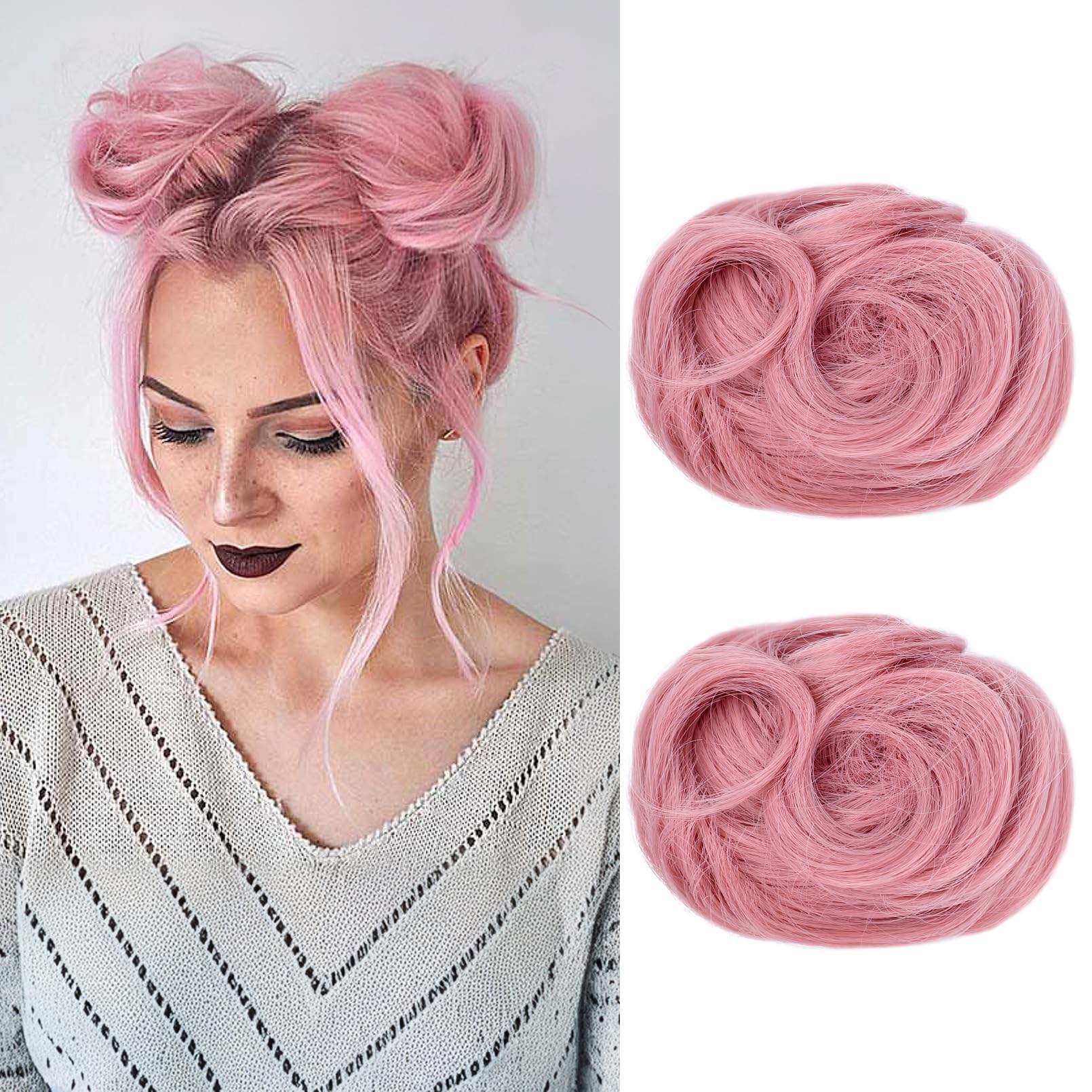 REECHO 2 PCS Mini Claw Clip in Messy & Cat Ears Hair Bun Extensions Wig Accessory Updo Hairpieces for Women Girls (Pack of 2-3.5" Wavy, Light Pink)