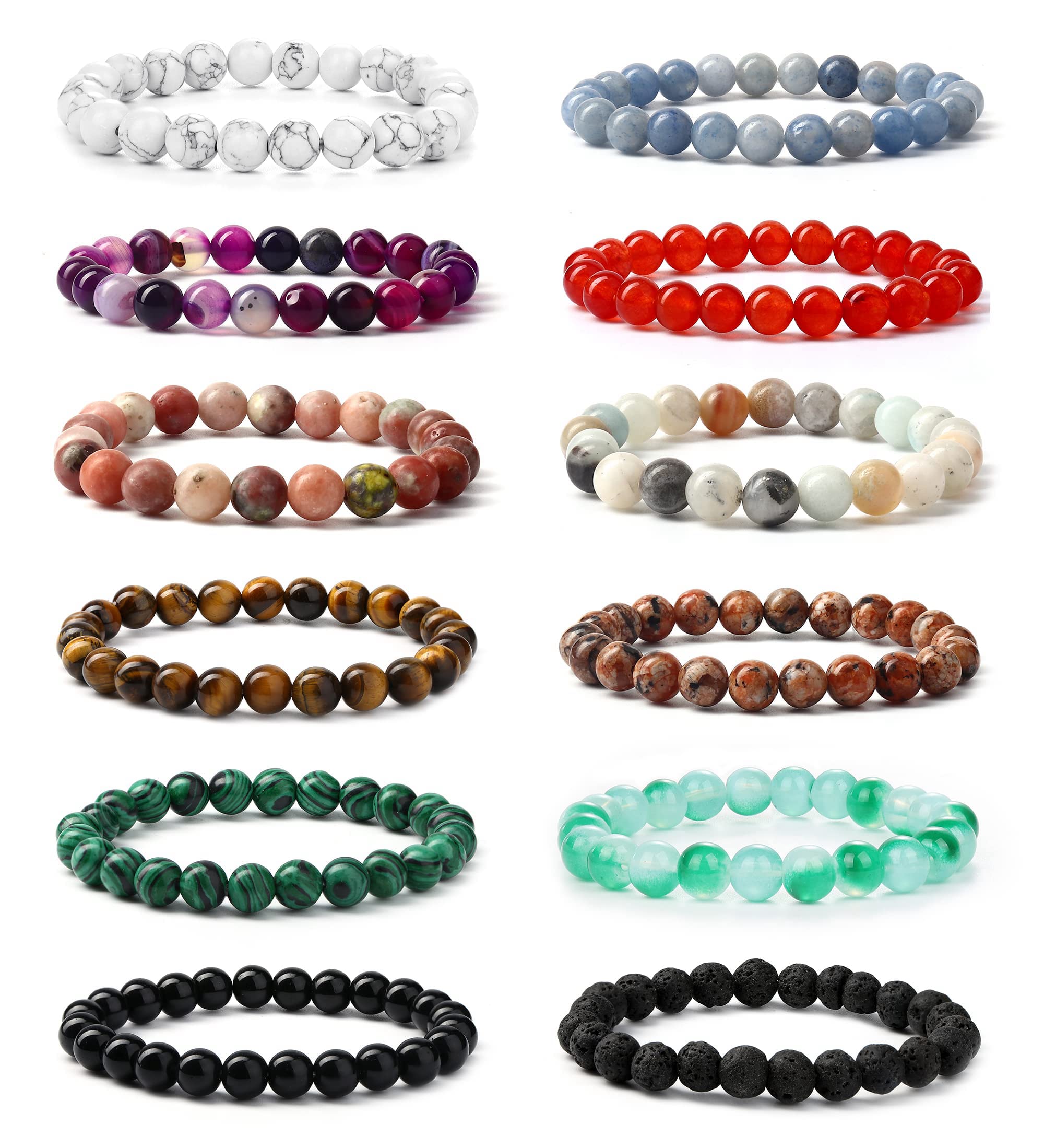 YAODCA 12 Pcs 8mm Beaded Bracelets for Women Men Healing Natural Stone Bracelet Semi-Precious Gemstones Bracelets Crystal Adjustable Stretch Mens Bracelets Beads Set styleB