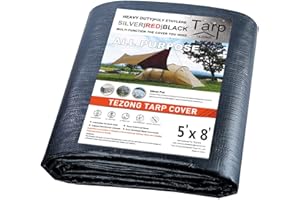 TEZONG Heavy Duty Waterproof Tarp 5x8ft - Black Plastic Tarpaulin Cover for Emergency Rain, Patio Furniture, Wood, Roof, Camp