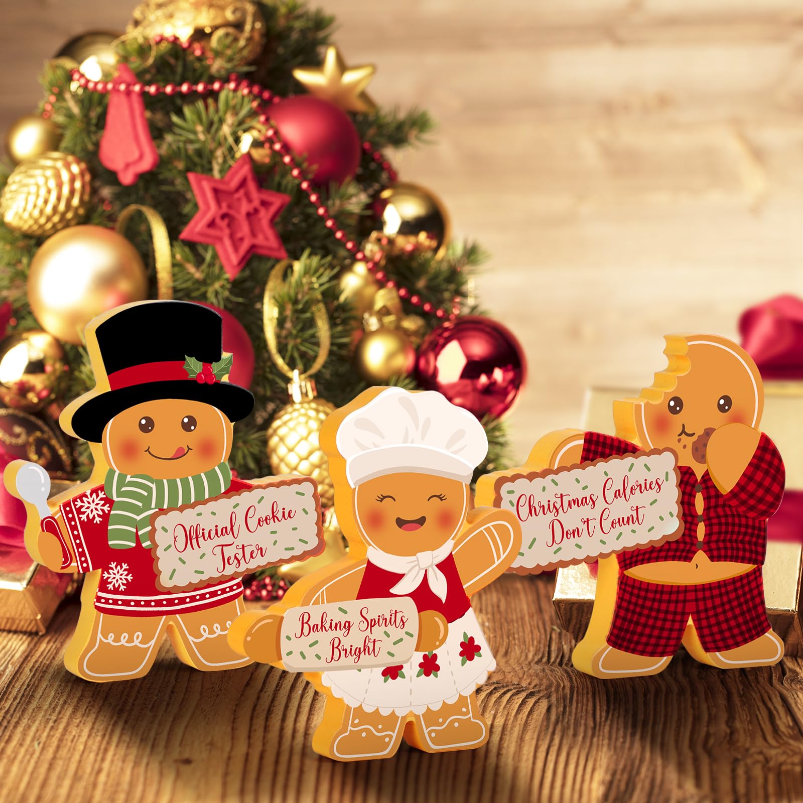 Photo 1 of ***1 IS BROKEN***COCHIE Gingerbread Man Christmas Decorations Indoor, Cute Gingerbread Man Tiered Tray Decor Set of 3, Wooden Gingerbread Man Blocks Xmas Table Decoration for Party Home Office Shelf Door (Kitchen)***1 IS BROKEN***