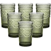 ZMOWIPDL Vintage Glassware Drinking Glasses Set of 6,13 oz Green Textured Flower Design Glass Water Tumblers,Embossed Striped Drinkware for Water,Cocktails,Juice,Iced Coffee