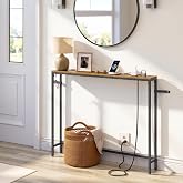 VASAGLE 39.4" Console Table, Narrow Behind Couch Table with Outlet | Sofa Table with 1 Hook, for Entryway, Living Room, Easy Assembly, Rustic Brown and Ink Black, BARNET Collection ULNT079K01