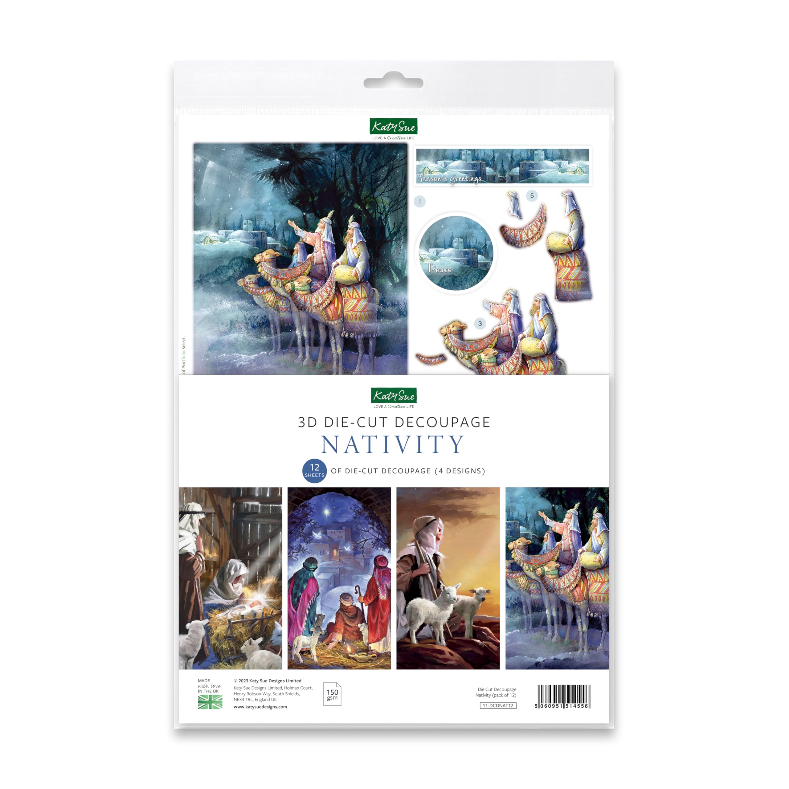Katy Sue Nativity Die Cut Decoupage Pack. 12 Pre-Cut Decoupage Paper Sheets for Christmas Card Making Supplies Featuring Images of the 3 Wise Men, Stable, Shepherds, Manger & The Baby Jesus