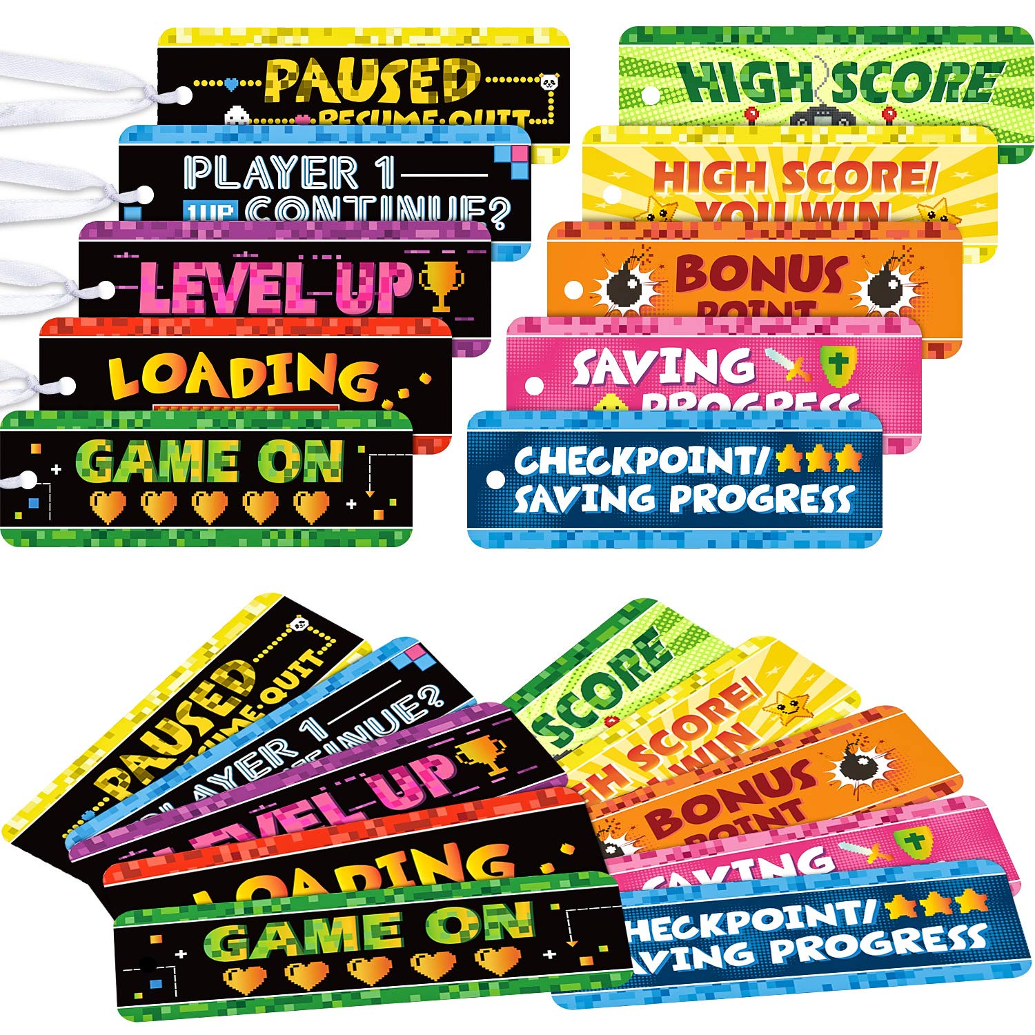 Photo 1 of Outus 50 Video Game Bookmarks for Gamer Birthday Party, Pixelated Bookmarks for Pixelated Treat Bag Video Game Party Decoration Paper Tag Card Classroom Awards Teacher