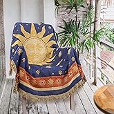 Hippie Throw Blanket Sun Moon Stars Boho Throw Blankets Celestial Tapestry Double-Sided Reversible Woven Cotton Home Decor Bedding Chair Couch Recliner Cover Oversized Tassels Astrology 50"x70"