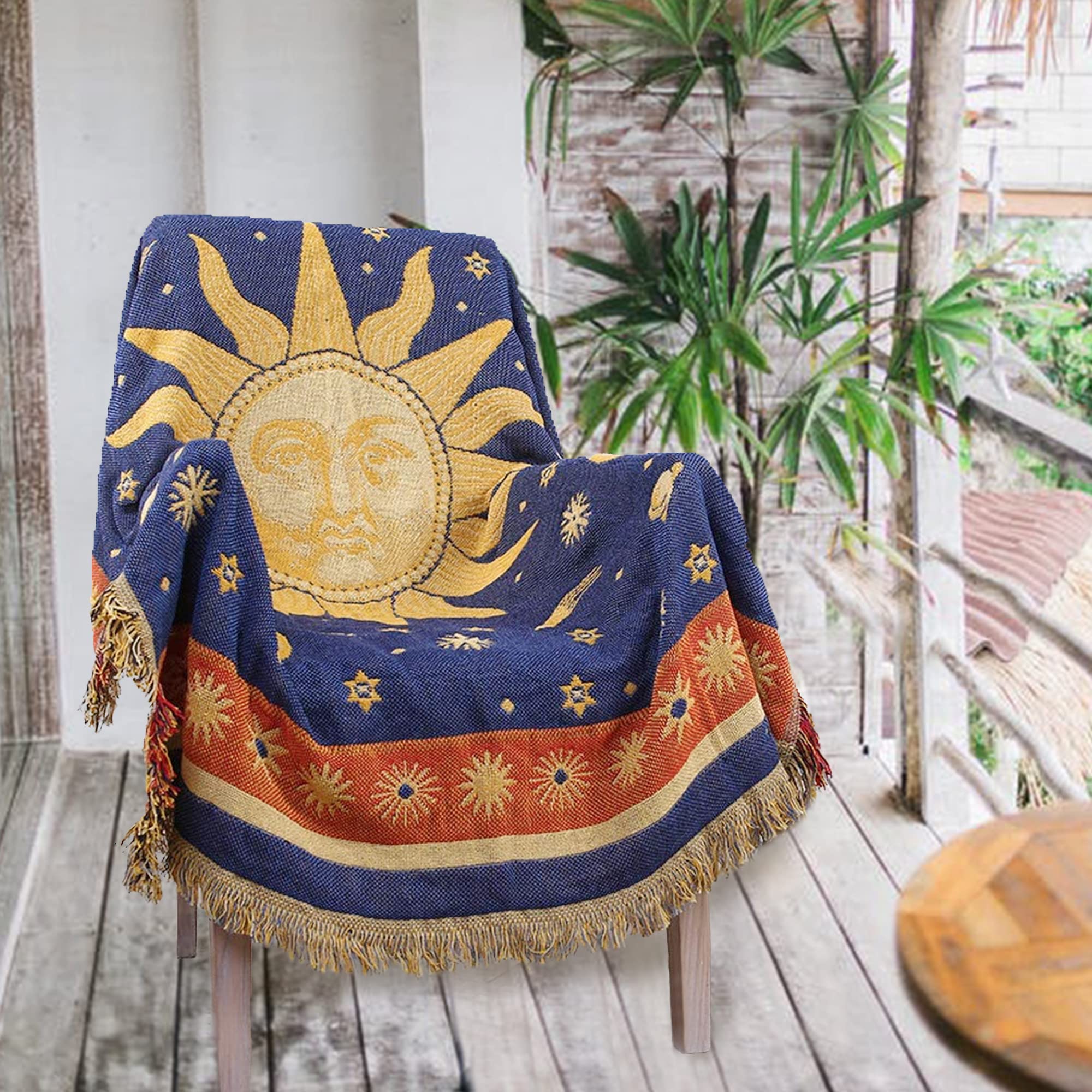 AMIDA Hippie Throw Blanket Sun Moon Stars Boho Throw Blankets Celestial Tapestry Double-Sided Reversible Woven Cotton Home Decor Bedding Chair Couch Recliner Cover Oversized Tassels Astrology 50"x70"