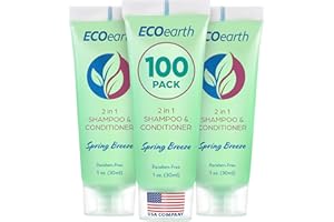 EcoEarth Travel Size Shampoo Conditioner 2-in-1 (1 fl oz, 100 PK, Spring Breeze) Delight Your Guests w/Revitalizing & Refreshing Conditioning Shampoo Amenities, Small Size Hotel Toiletries in Bulk