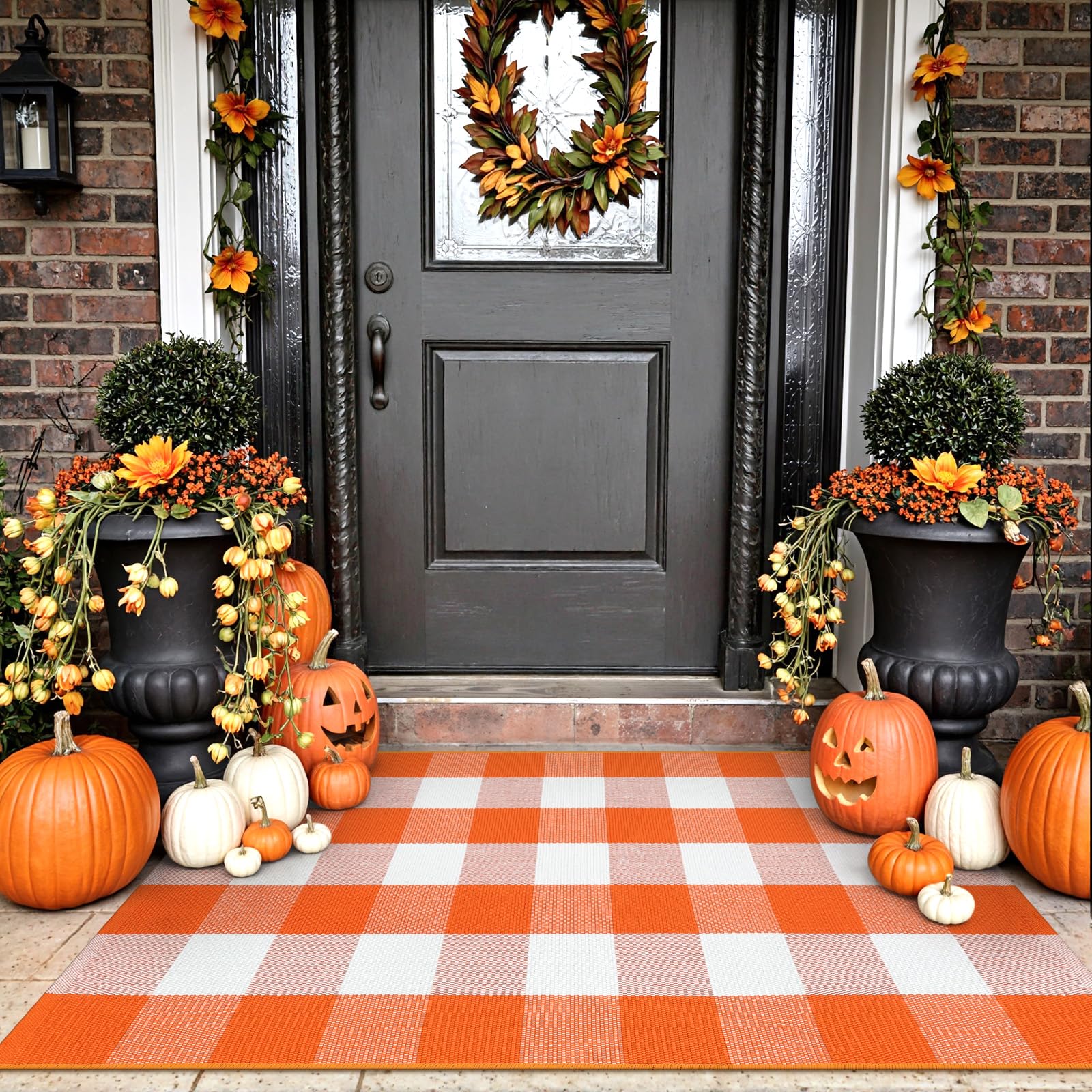 Photo 1 of Uphome Bufflo Plaid Outdoor Rug 27.5"x43", Fall Decor Check Front Door Mat, Indoor Outdoor Farmhouse Porch Rug for Layered Door Mats, Washable Halloween White/Orange Area Rugs for Patio Entryway