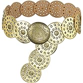 Liutufy Wide Disc Belt for Women Vintage Hollow Boho Leather Belt Western Chunky Waist Belt Cowboy Metal Buckle Concho Belts