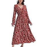 HUDILAN Long Sleeve Dress for Women Red Floral Maxi Dress V-Neck Smocked Elastic Waist Casual Bohemian Style