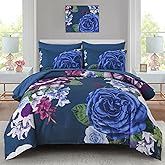 Drucon Blue Floral Comforter Set King, 7 Pieces Bed in a Bag Botanical Floral Comforter Soft Microfiber Dark Blue Bedding Set King Size Bed with Sheet and Pillowcase