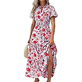 MASCOMODA Summer Maxi Dresses for Women 2026 Casual V Neck Puff Short Sleeve Smocked Flowy Beach Boho Long Floral Dress