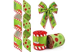 Glodecart 2 Rolls Christmas Ribbon for Wreath Bow Wrapping Gifts, Green Dots Monster Ribbon for Gift Wrapping Party Supplies Decoration DIY Crafts 2.5" X 10 Yard Wired Winter Christmas Wreath Ribbon