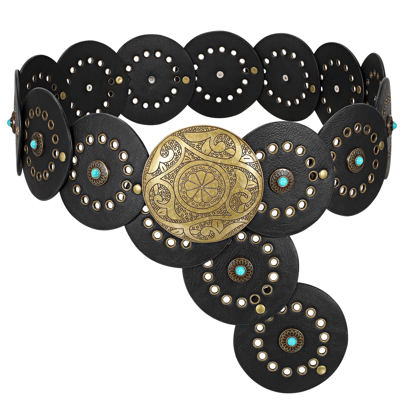 Photo 1 of **MAJOR DAMAGE**
XZQTIVE Western PU Leather Belts for Woman Concho Cowgirl Cowboy Disc Belt for Ladies Wide Boho Country Waist Belts for Dress, bronze buckle, Black, 125cm