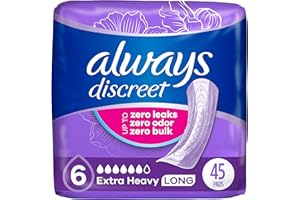 Always Discreet Adult Incontinence Pads for Women, Extra Heavy Absorbency, Long Length, Postpartum Pads, 45 Count