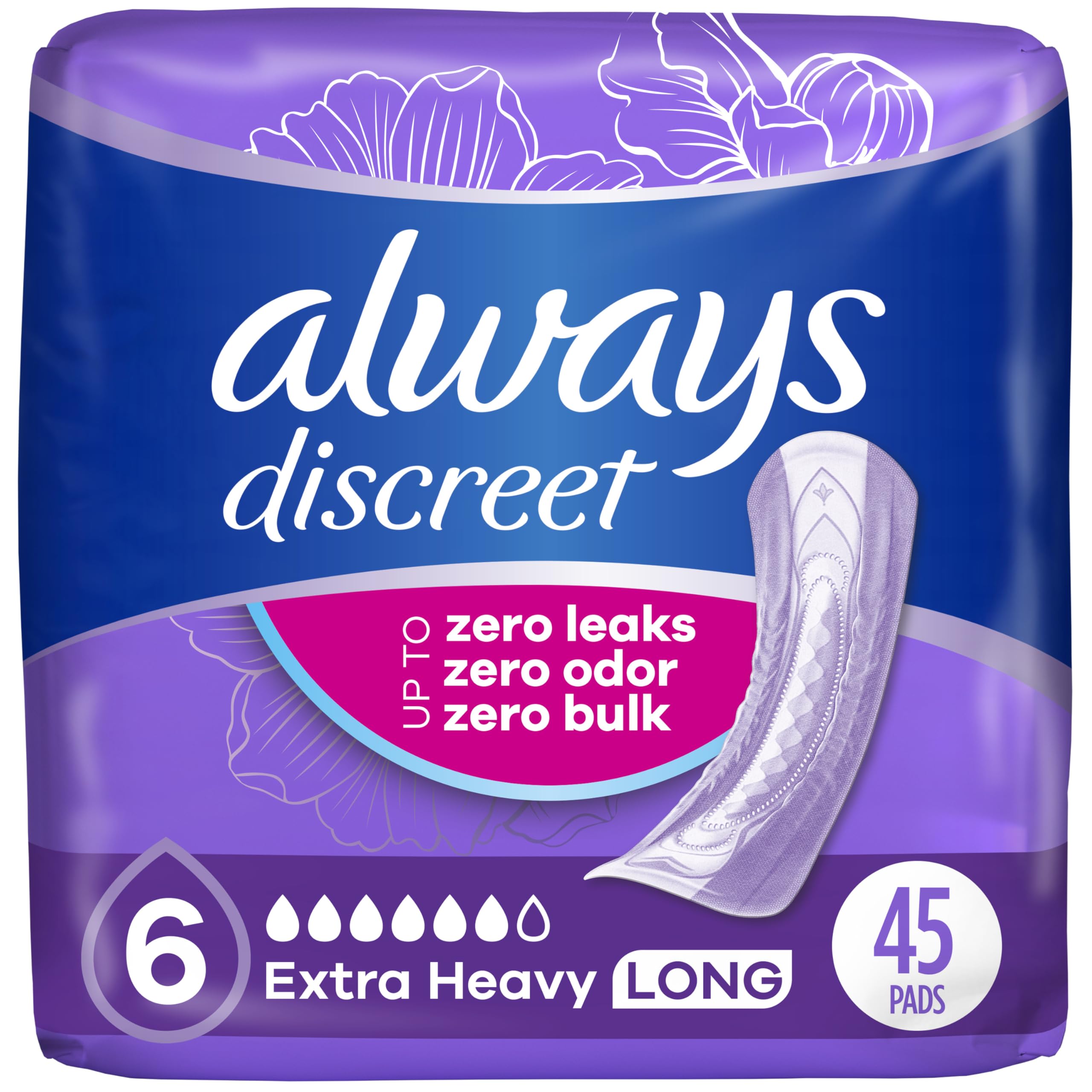 Photo 1 of Always Discreet Adult Incontinence Pads for Women, Extra Heavy Absorbency, Long Length, Postpartum Pads, 45 Count