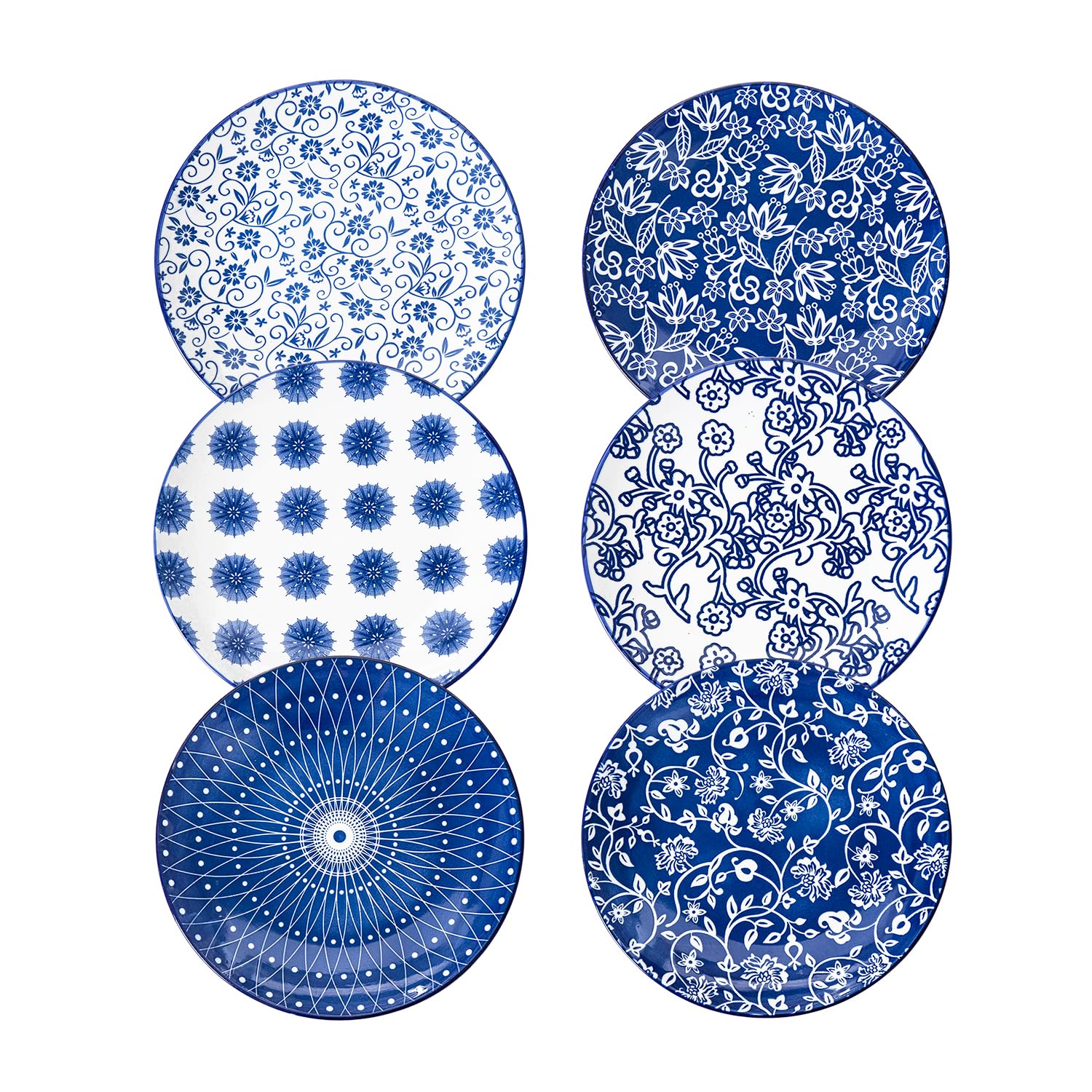 Cerkik Ceramic Salad Plates Set - 21.5 cm Small Round Dessert Dishes for Kitchen Dinner Pasta Appetizer Sandwich - Scratch Resistant Porcelain Microwave Oven Dishwasher Safe - Set of 6 - Vintage Blue